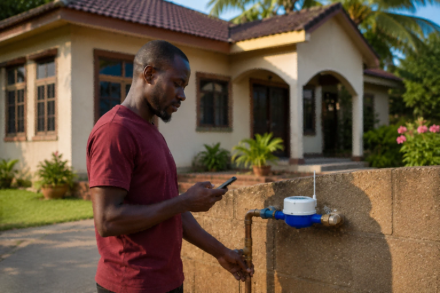 Residential ultrasonic water meter installed on single family house wall for daily water tracking and leak detection in Africa Residential ultrasonic water meter installed on single family house wall for daily water tracking and leak detection in Africa