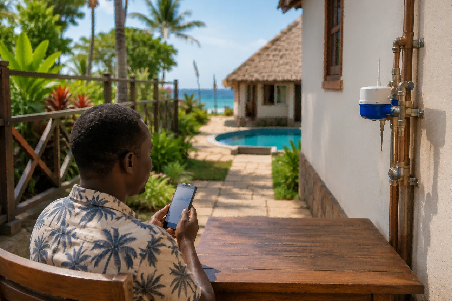 Remote-read ultrasonic water meter at beach vacation rental to monitor abnormal water consumption remotely Remote-read ultrasonic water meter at beach vacation rental to monitor abnormal water consumption remotely